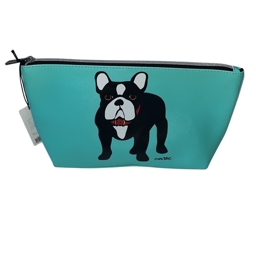 New Marc Tetro French Bulldog Cosmetic Bag Teal Blue‎ Zippered Closure
